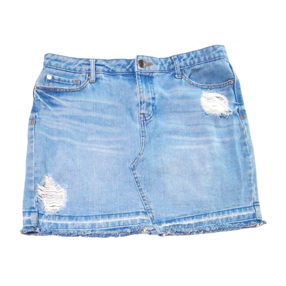 Black Daisy distressed, medium wash, denim skirt. Junior size 11/30